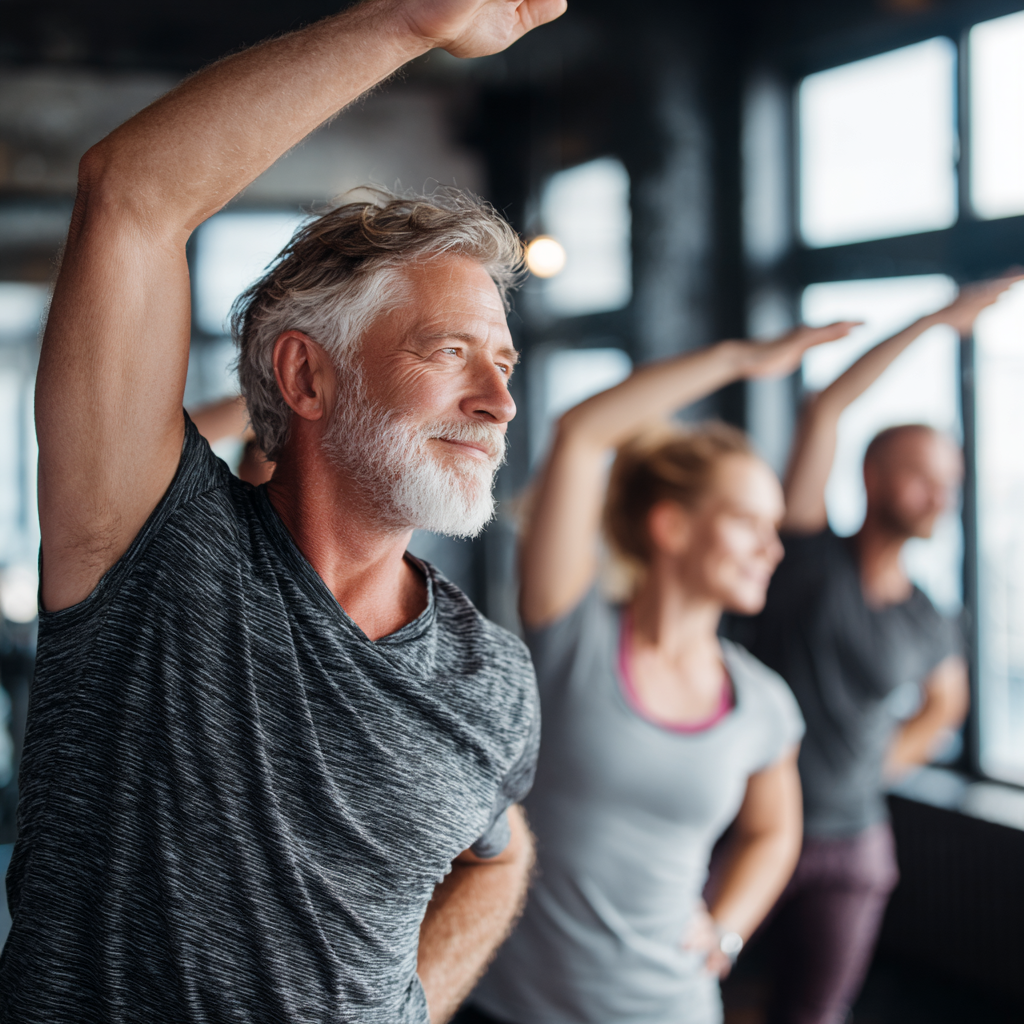 Middle aged people exercising in comfortable environment